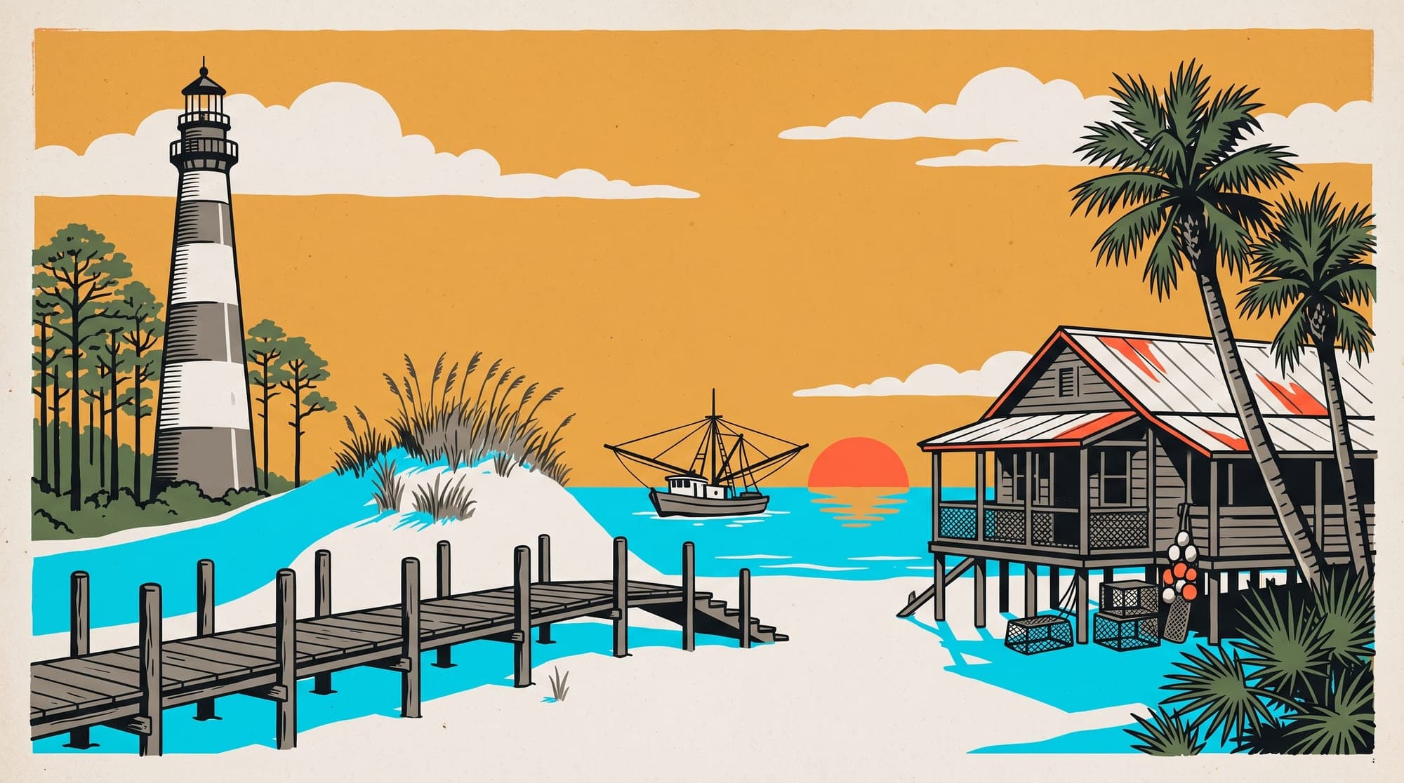Travel-poster illustration of a tall dune-coast lighthouse, a boardwalk over sugar-white dunes, a shrimp boat, and an Old Florida seafood shack on stilts at sunset.
