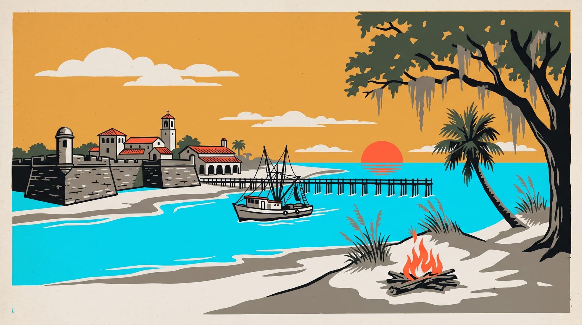 Travel-poster illustration of a coquina fort, a Spanish colonial bell tower, a shrimp boat, and a driftwood bonfire on the dunes at sunrise.