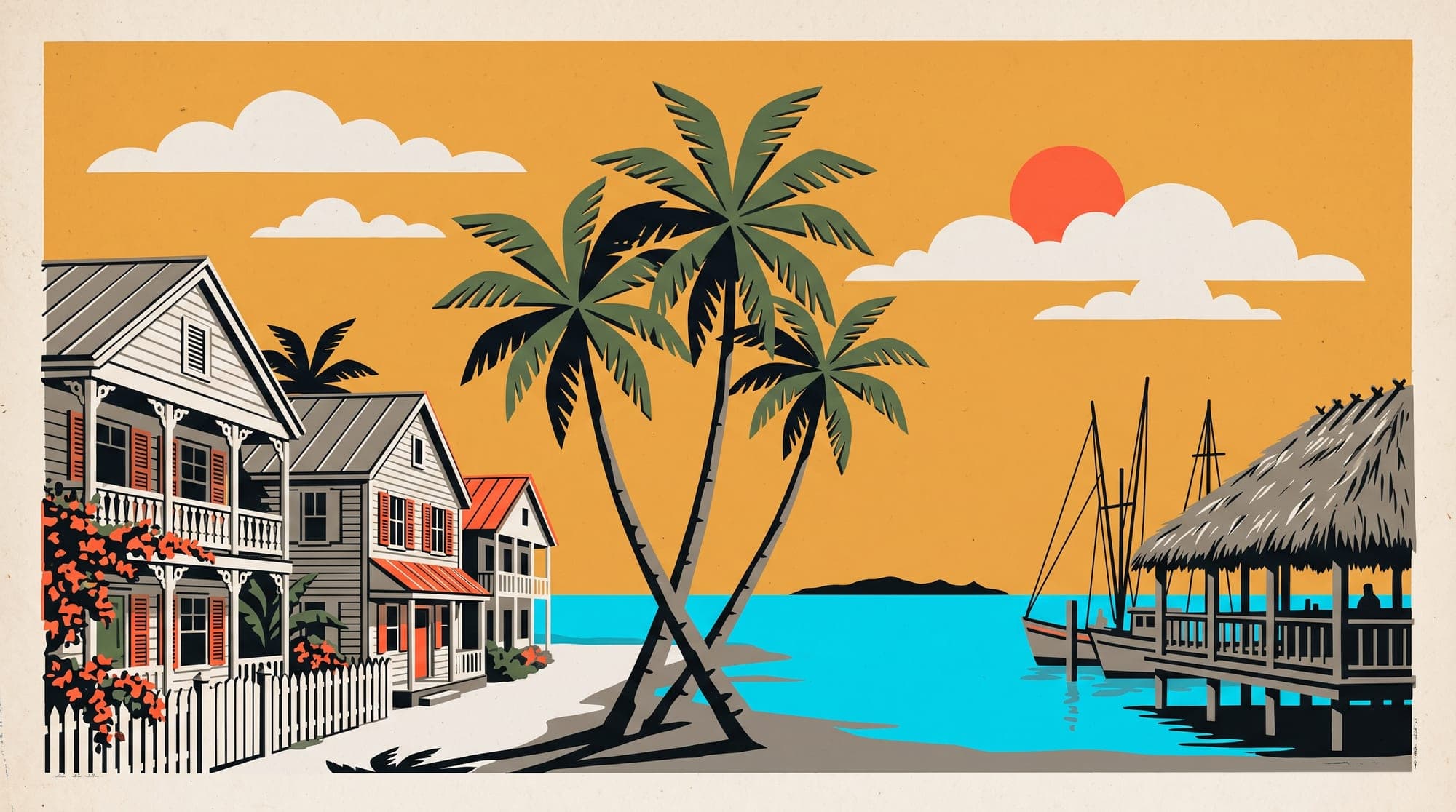 Travel-poster illustration of Key West conch houses, a thatched overwater bar, and shrimp boats at sunset.