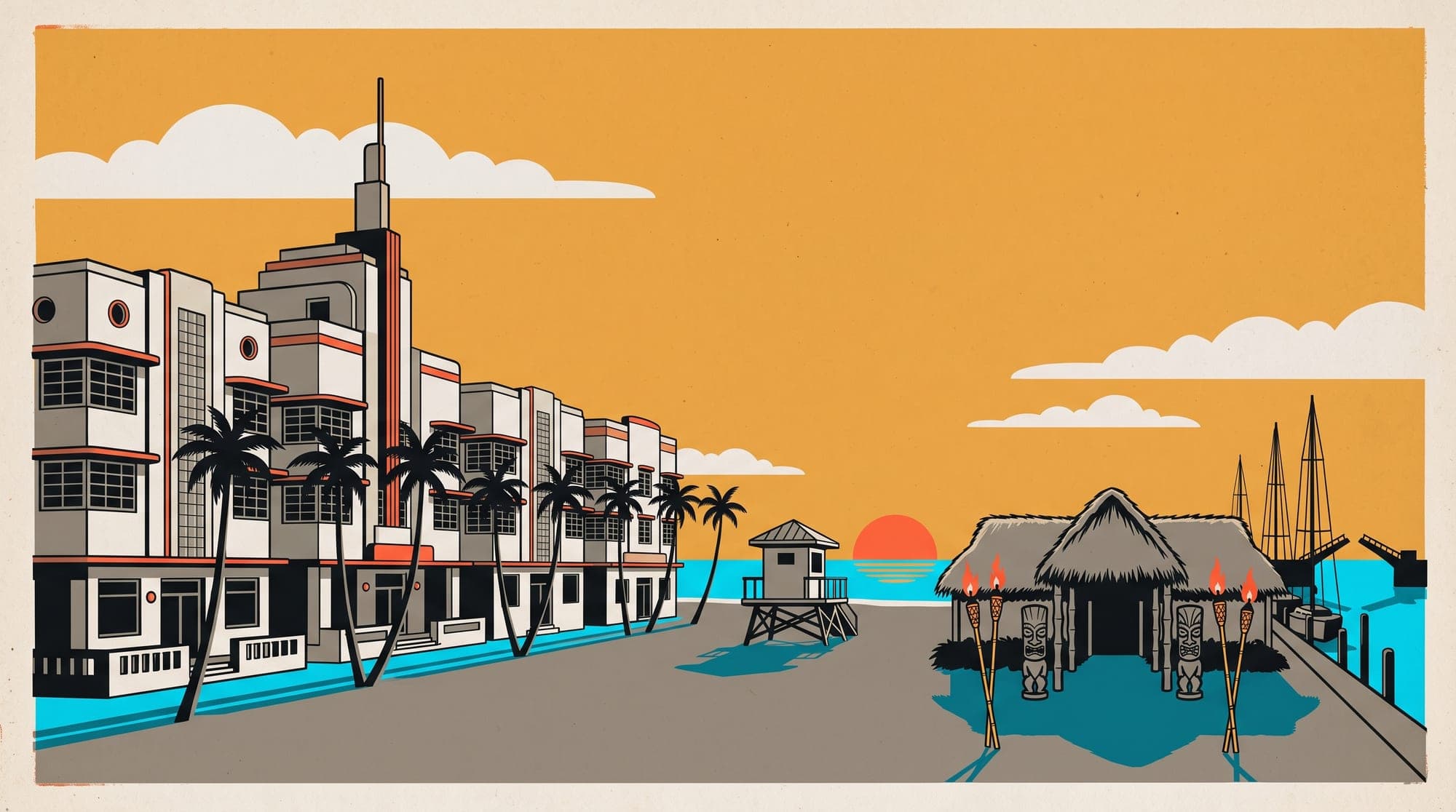 Travel-poster illustration of tropical art deco hotels, palms, and a Polynesian supper club on a South Beach shoreline at sunrise.