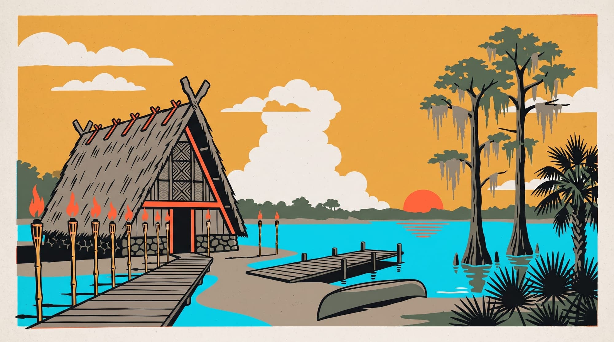 Travel-poster illustration of a torch-lit tiki longhouse on a cypress-lined freshwater lagoon at dusk.