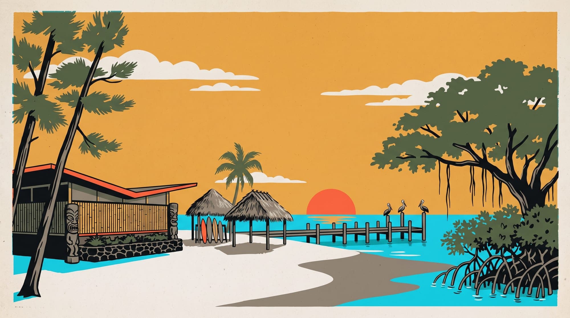 Travel-poster illustration of a mid-century tiki lounge, chickee huts, and a banyan tree on a calm Gulf beach at sunset.