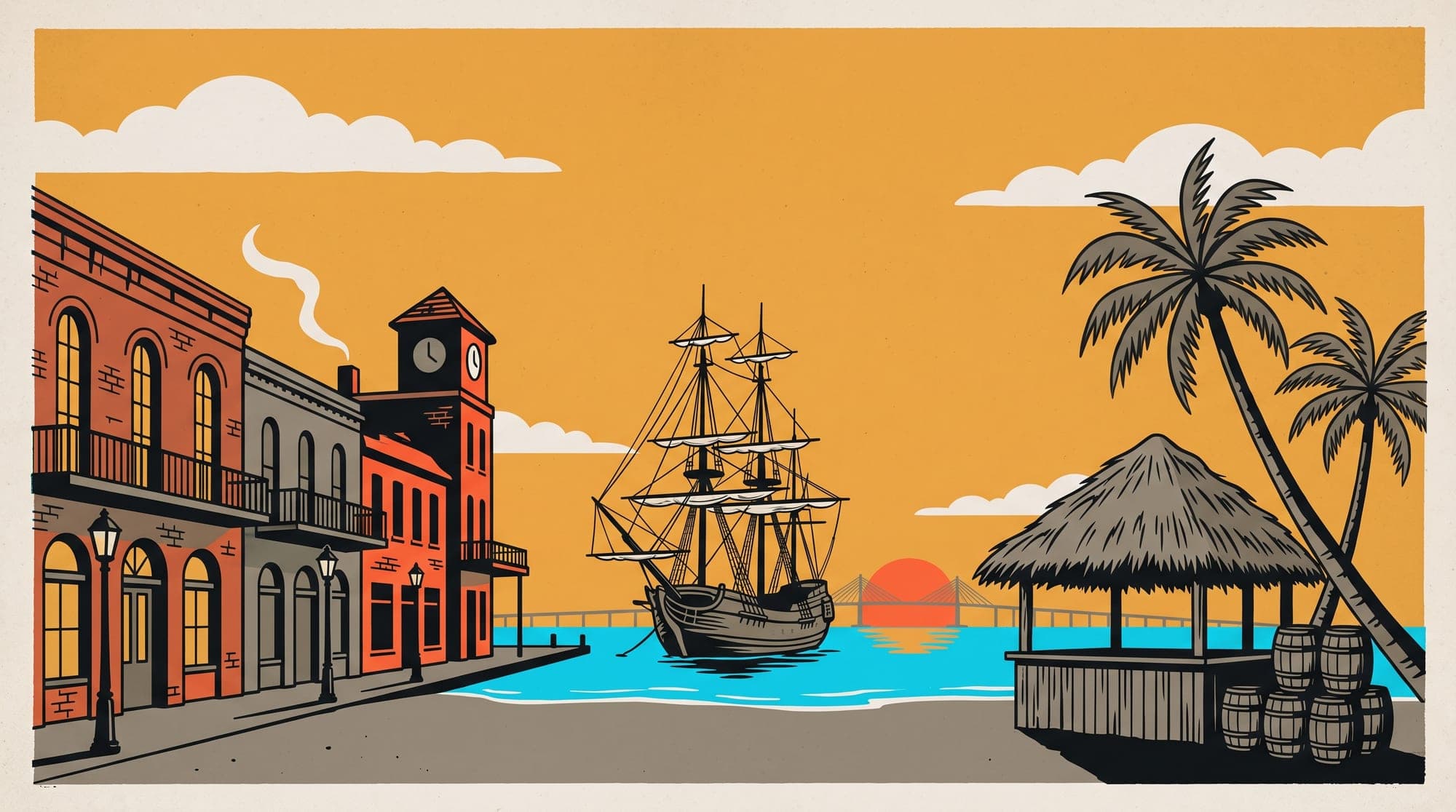 Travel-poster illustration of a pirate ship at anchor off a Gulf harbor, brick cigar-factory buildings, and a thatched palapa bar at sunset.